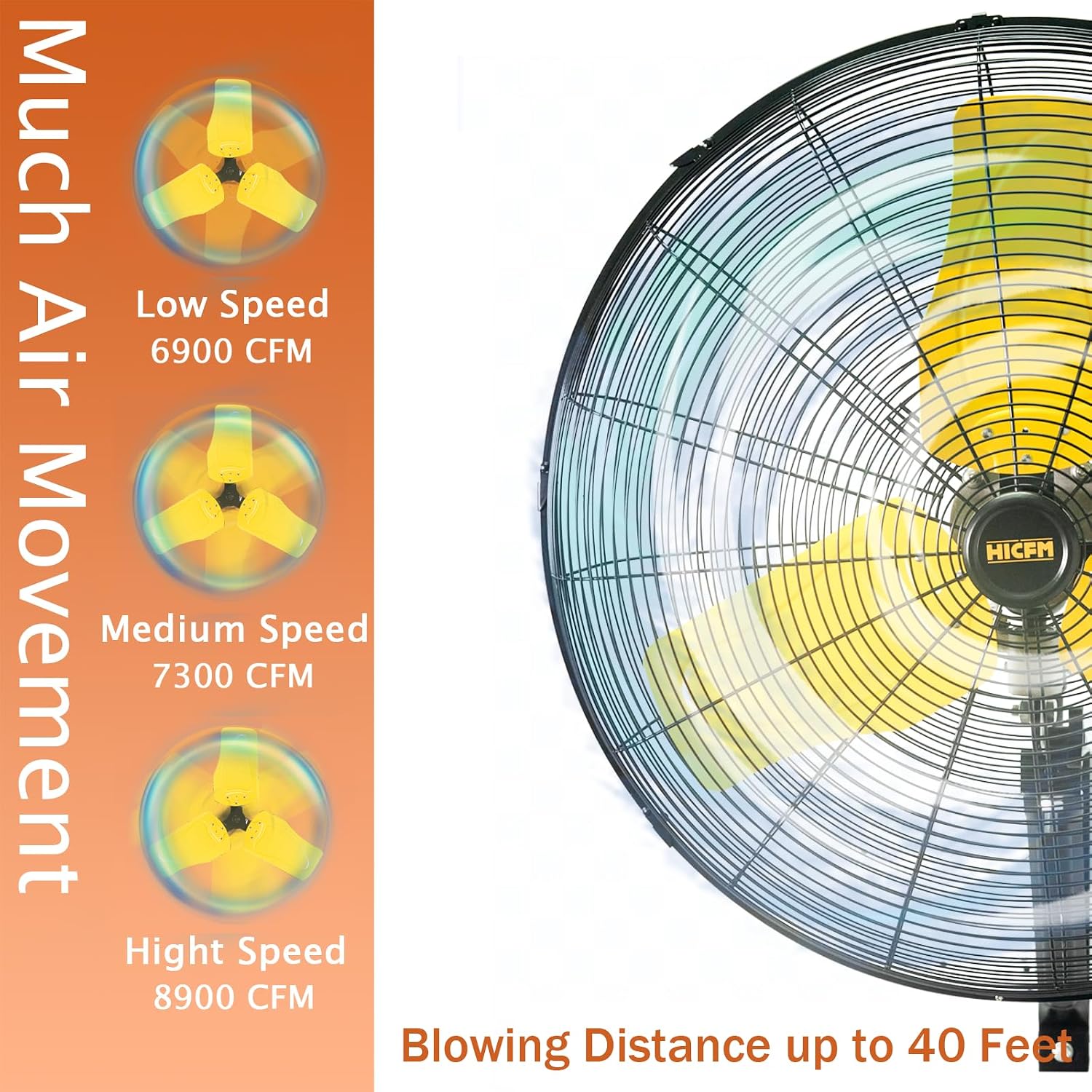 HiCFM 24' Oscillating Wall Fan, 8900 CFM High Velocity Industrial Wall Mounted Heavy Duty Shop Fans with 3 Speed Settings 80° Oscillation for Outdoor Commercial Garage Warehouse workshops Factory