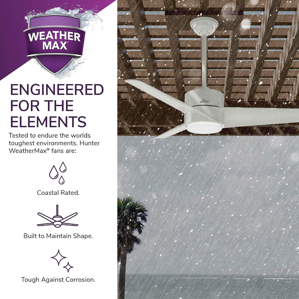 Hunter 54 inch Outdoor or Indoor Ceiling Fan with LED Light - White Ceiling Fan with Wall Control, For Patio, Garage, or Porch, Quiet, Standard Mount, 3 Blades - Havoc 59470, Fresh White