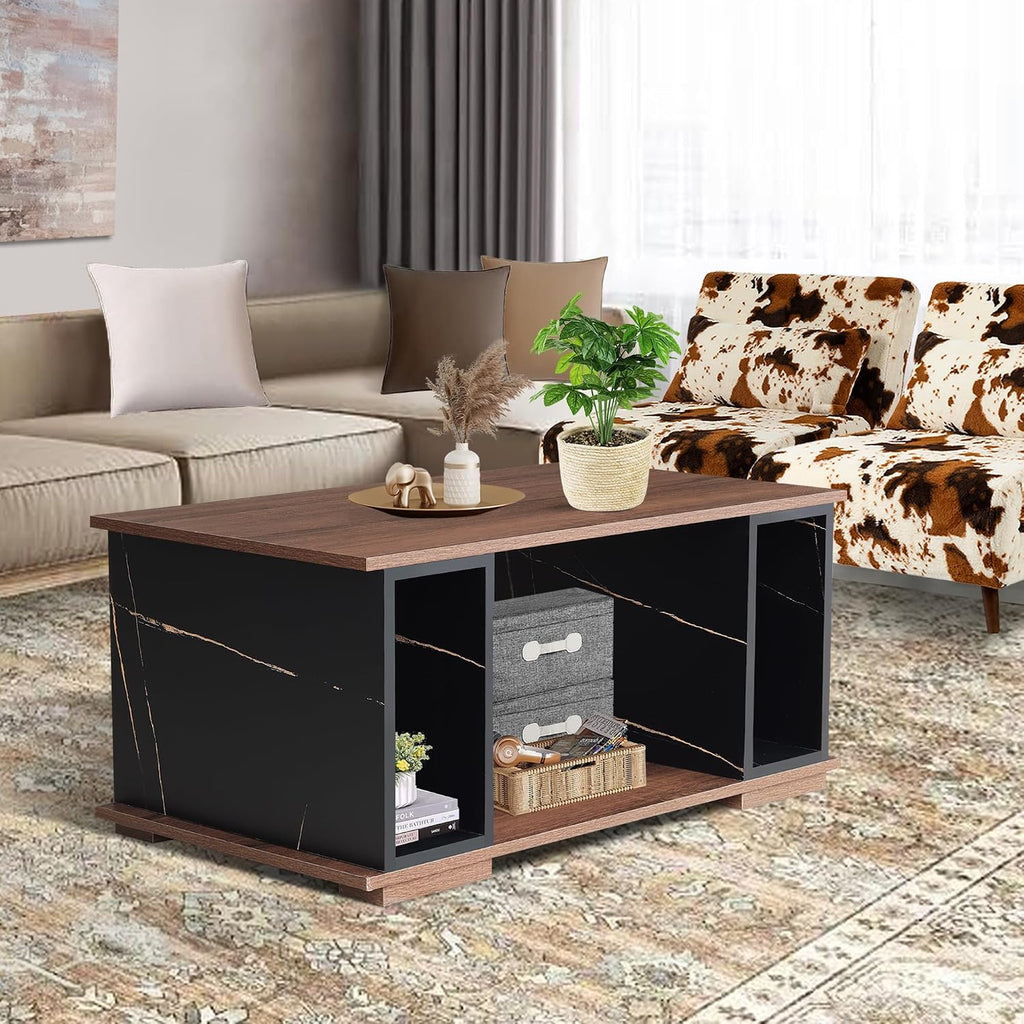 GIA Home Furniture 3 pcs Living Room Table Set, Including 1 Particle Board Coffee Table with Marble Vein Walnut & 2 End Tables with Charging Station, USB Ports, 2 Drawers & Open Shelves