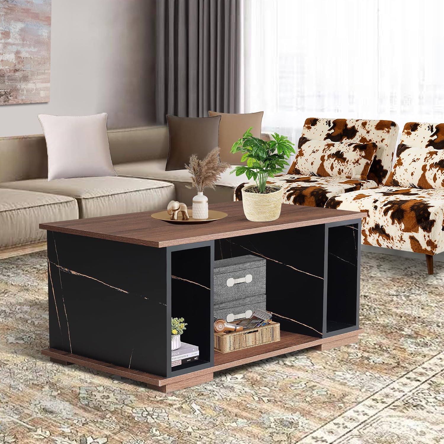 GIA Home Furniture 3 pcs Living Room Table Set, Including 1 Particle Board Coffee Table with Marble Vein Walnut & 2 End Tables with Charging Station, USB Ports, 2 Drawers & Open Shelves
