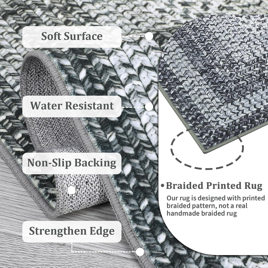Large Braided Print Rug 10x13 Living Room Rug Soft Washable Rugs for Bedroom Low Pile Stain-Resistant Farmhouse Mat Non Slip Rustic Floor Mat for Dining Room Nursery Cottage Office Grey