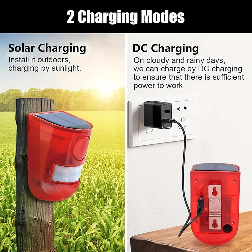 Solar Motion Sensor Alarm Outdoor, 110dB Solar Sound & Light Alarm with 6 LED Flashing Strobe, Wireless PIR Security Siren for Farm, Chicken Coop, Garage & Home Security, USB Rechargeable - 12 Pack