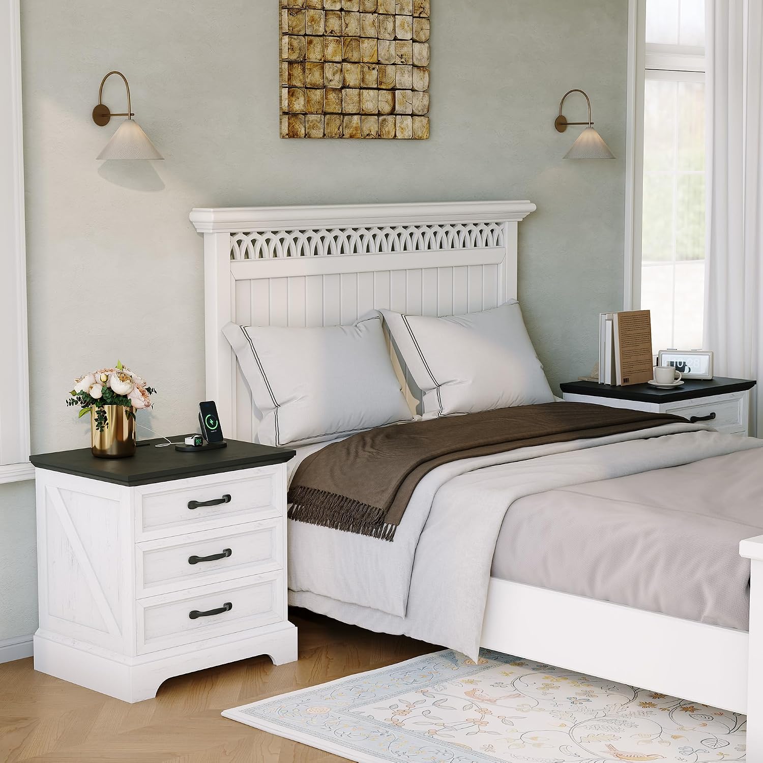 Modern Farmhouse Wood Nightstand with Charging Station & 3 Large Drawers, 24 Inch Wide Rustic Bedside Table & End Table with Storage Bedside Cabinet for Bedroom Living Room Small Space White