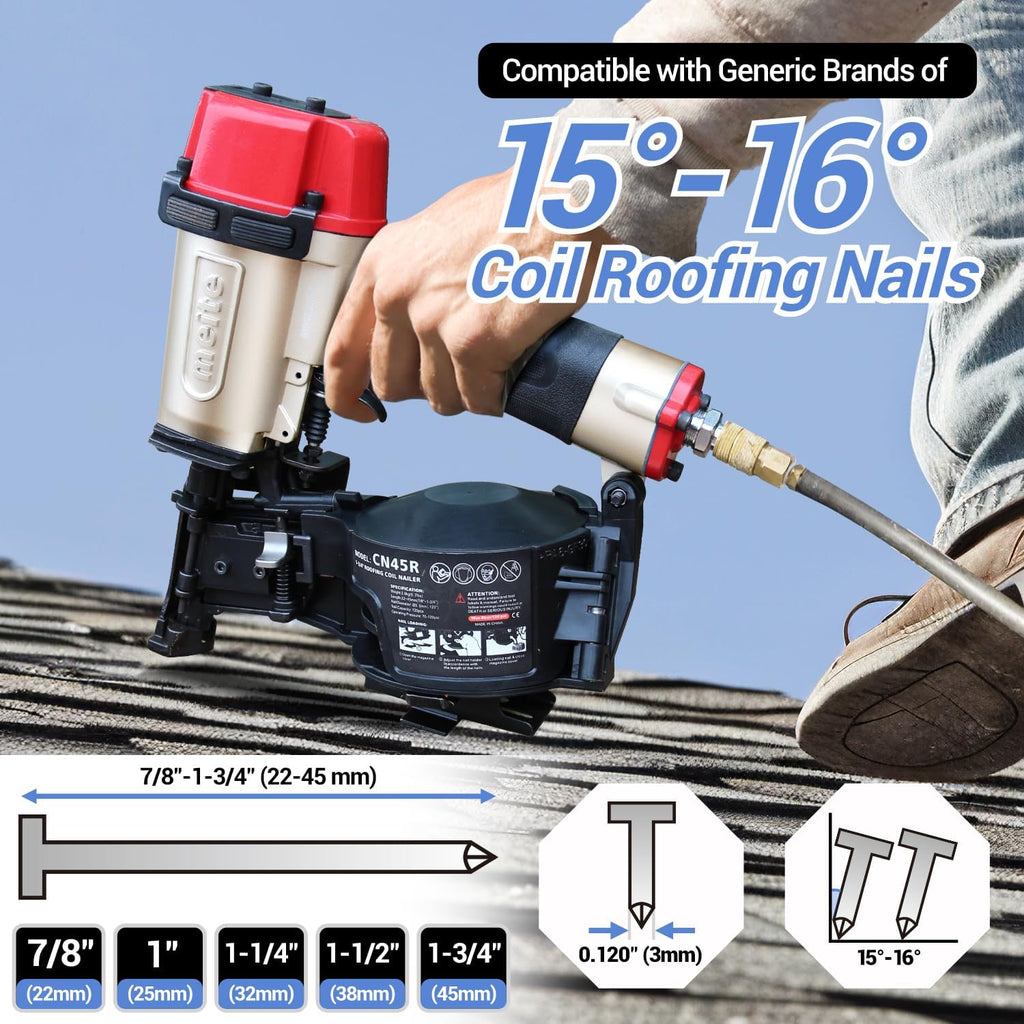 meite CN45R Roofing Nailer 15 Degree Coil Roofing Nail Gun, Pneumatic Nail Gun Accepts 7/8' to 1-3/4' Coil Roofing Nails, Roofing Nailer with 120 Nail Magazine for Asphalt Shingles Decking Sheathing