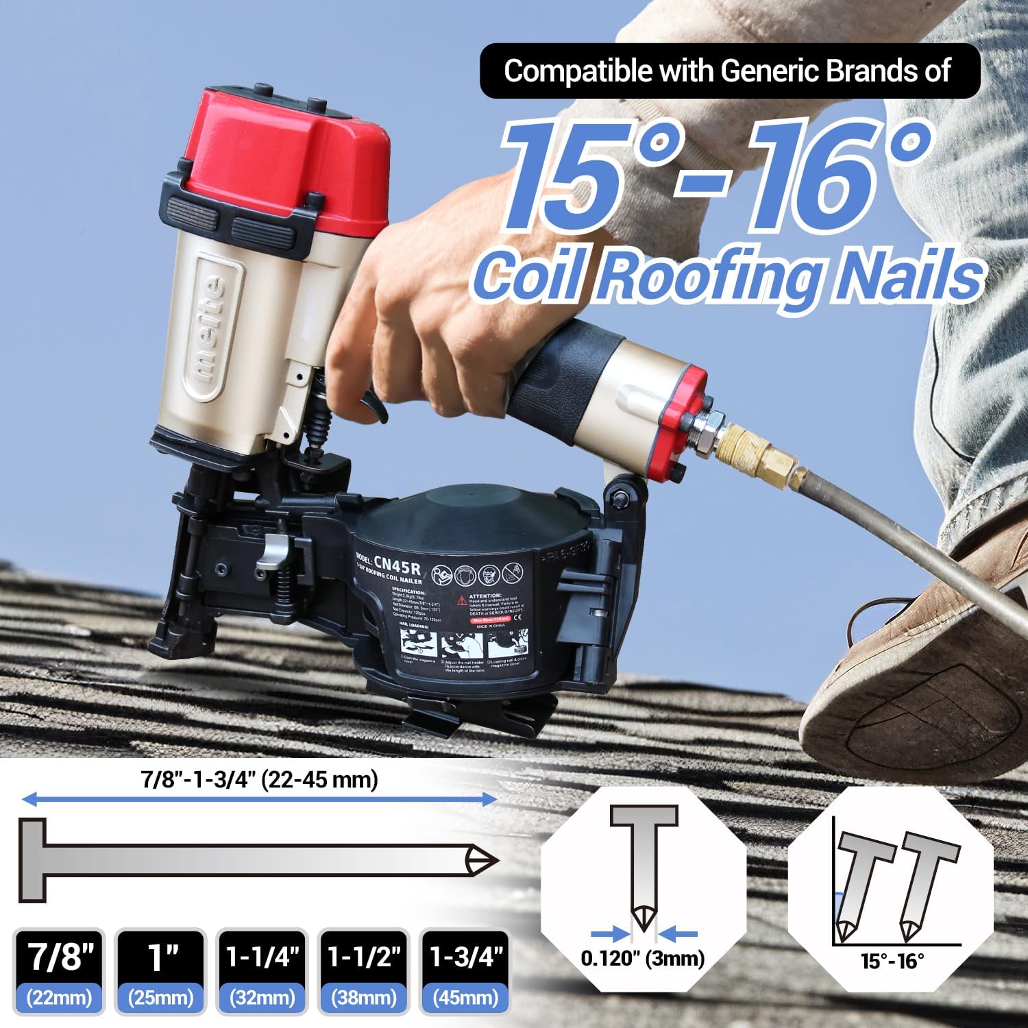 meite CN45R Roofing Nailer 15 Degree Coil Roofing Nail Gun, Pneumatic Nail Gun Accepts 7/8' to 1-3/4' Coil Roofing Nails, Roofing Nailer with 120 Nail Magazine for Asphalt Shingles Decking Sheathing