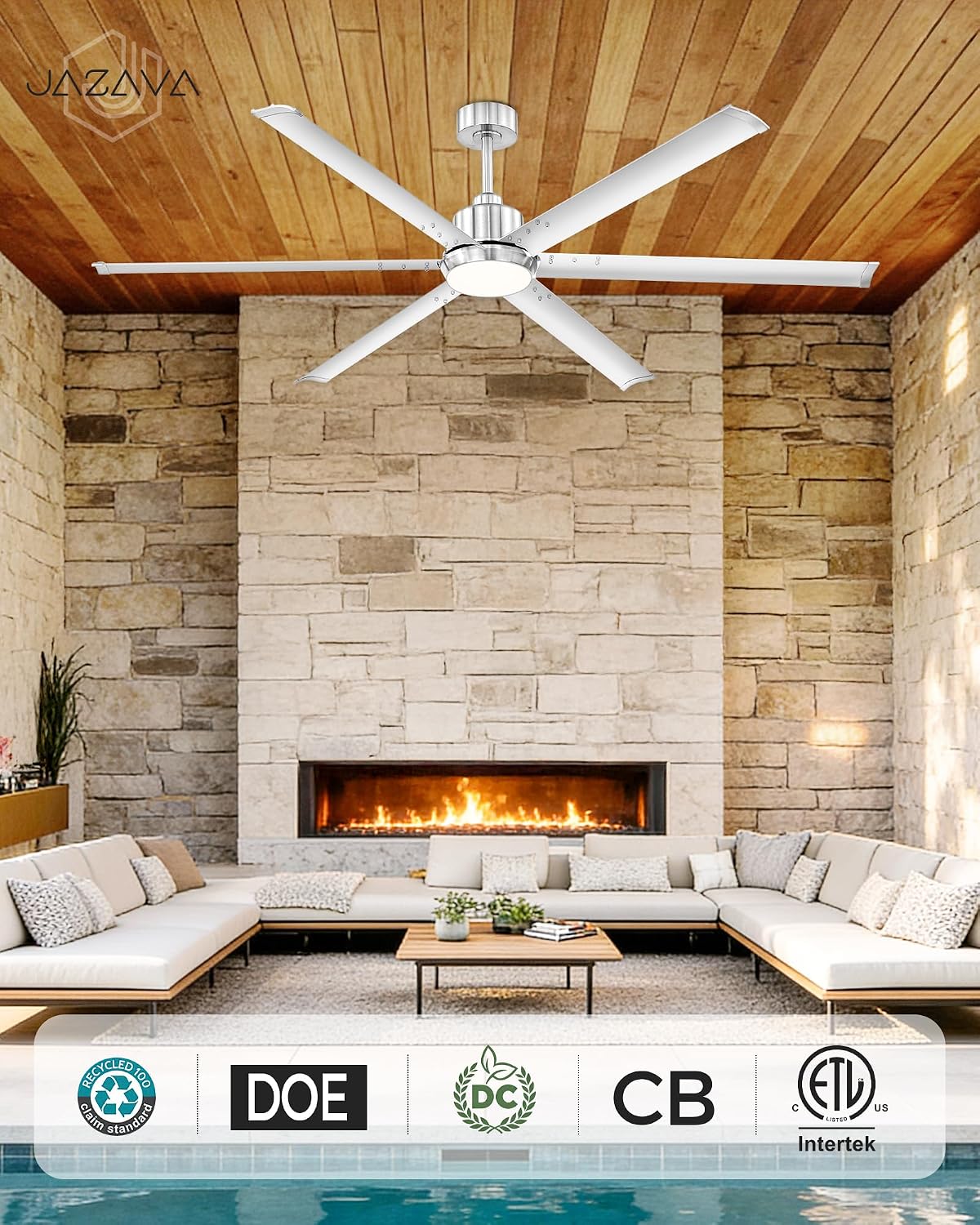72 Inch Ceiling Fan with Light, Industrial Aluminum Blades, DC Motor 6 Speed Reversible,Covered Outdoor Space, Brushed Nickel,CF06BN-72