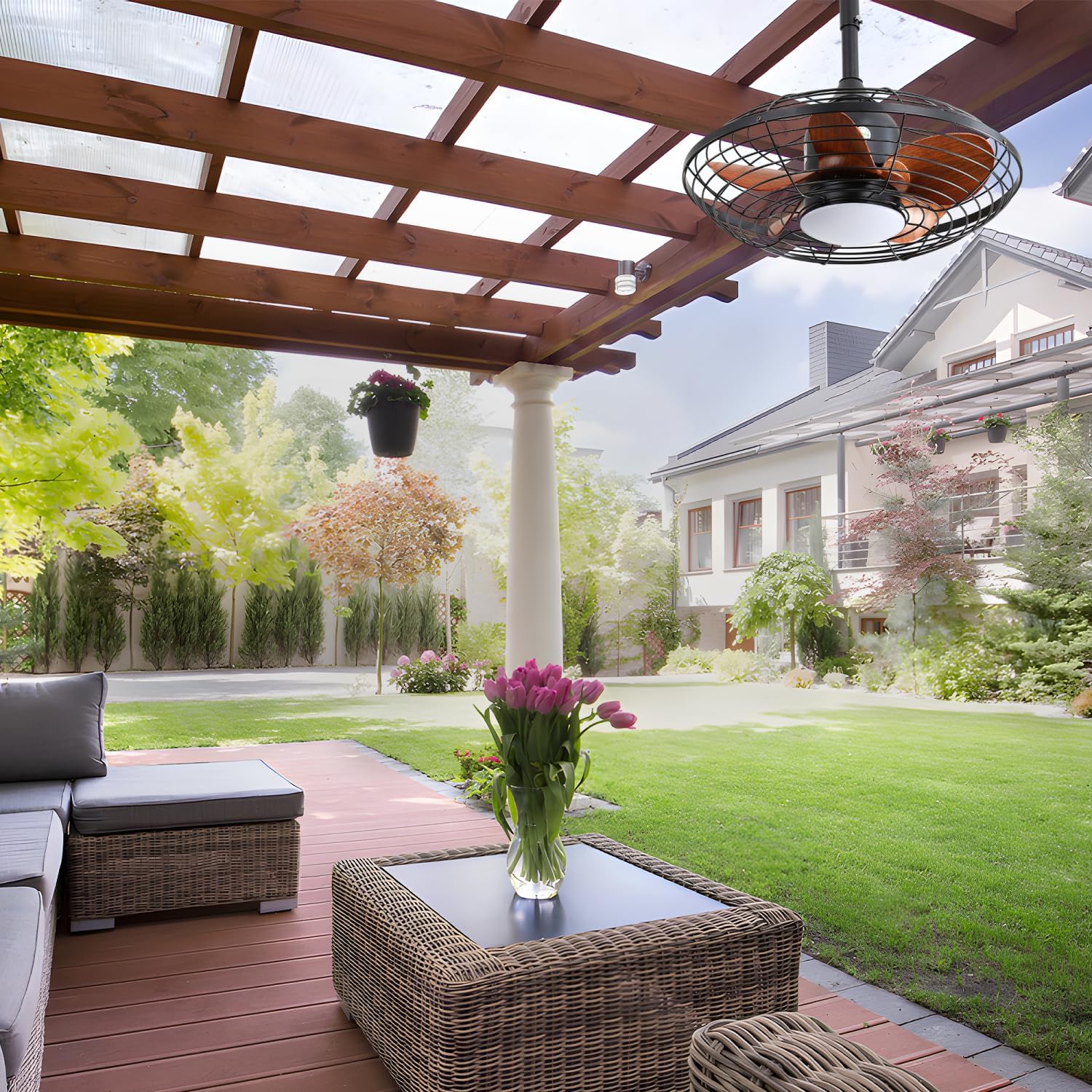 20 Inch Downrod Mount Ceiling Fan LED 18W 3CCT 5 ABS Blades DC Motor with Hanging and Hook for Outside Patios Pergola Black Lighting Outdoor Ready