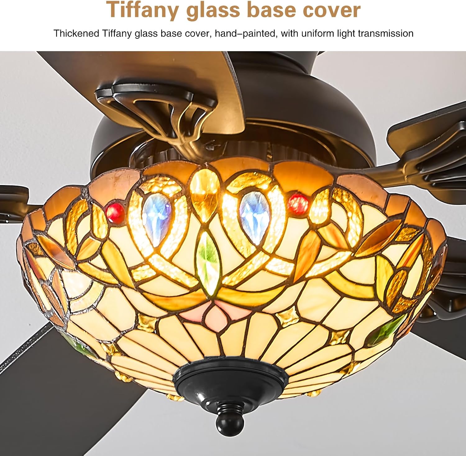 Tiffany Ceiling Fans with Lights - 48' Ceiling Fan Chandelier with 5 Dual-Blades and Glass Shade, 6 Speeds and Reversible, Indoor and Outdoor, Retro Style