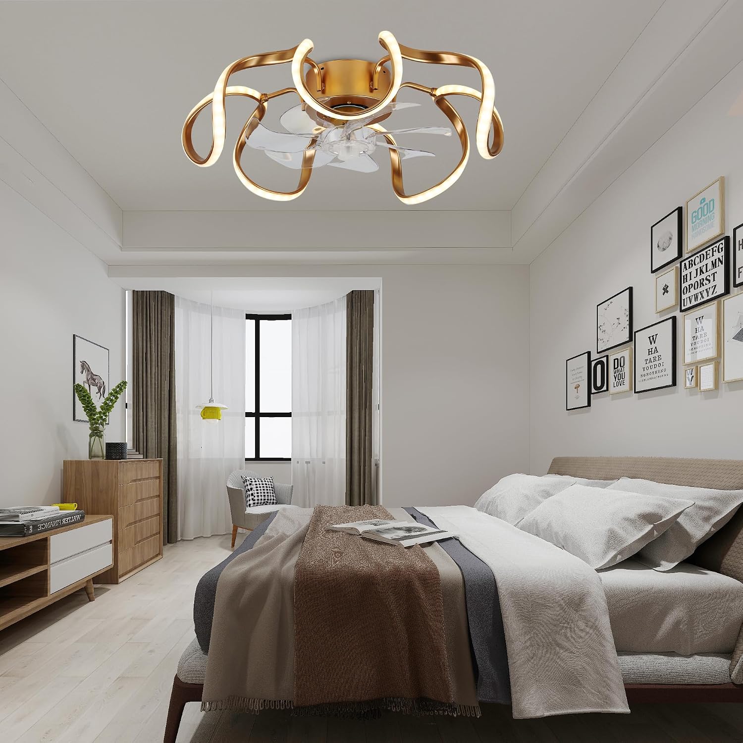 Bella Depot Modern Gold Ceiling Fan, Low Profile Chandelier Fan with Light, Flush Mount LED Ceiling Fan with Dimmable 3 Color LED Lights, Reversible, Timing, APP Control for Bedroom Kitchen