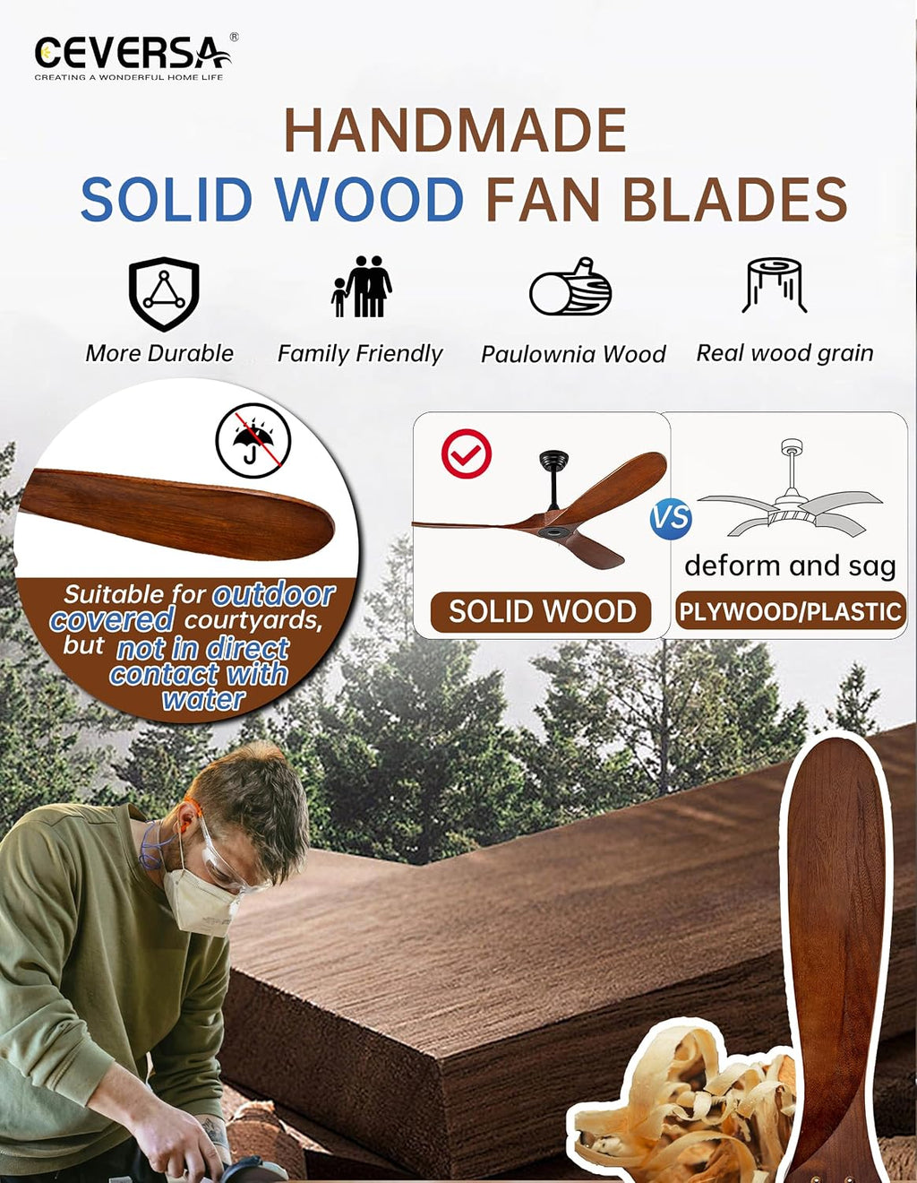 60 Inch Outdoor Ceiling Fan no Light,Solid Wood Ceiling Fan Without Lights with Remote/Wall Control,Large 3 Blades Walnut Propeller for Patio,Porch,Living Room,Bedroom,Farmhouse