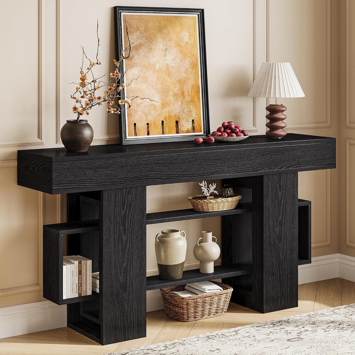Einhomn 63 Inch Long Console Table for Entryway, Modern Wooden Sofa Table Behind Couch with 3-Tier Storage Shelf, Narrow Entry Accent Table for Living Room, Hallway, Foyer, Black