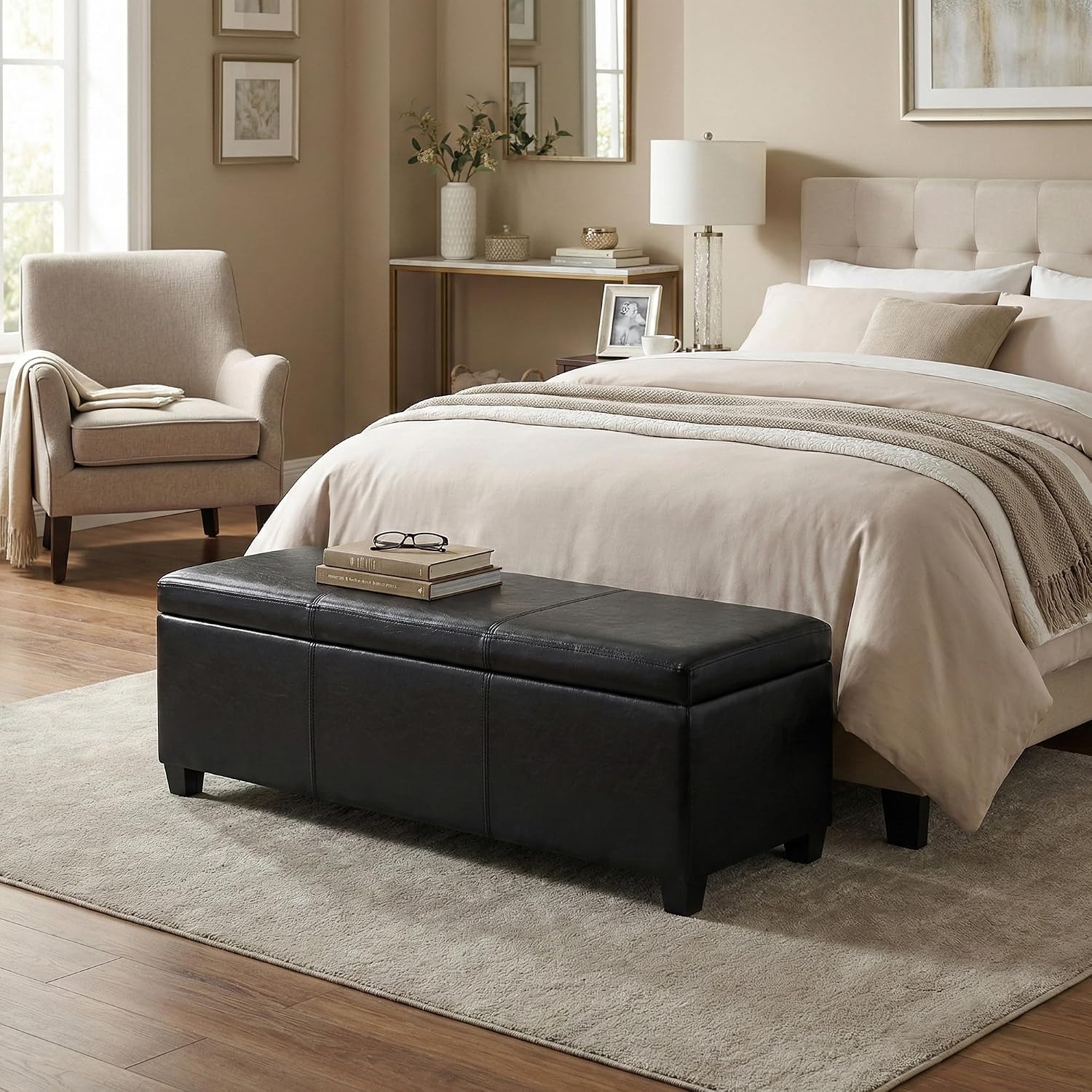 SIMPLIHOME Avalon Storage Ottoman Bench - 48' Wide x 16' High Upholstered Vegan Leather Rectangular Lift-Top Ottoman in Midnight Black, Contemporary Bench for Living Room with High-Density Foam