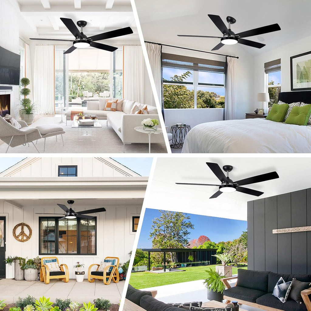 Ceiling Fan with Light and Remote, Outdoor Ceiling Fan with 6 Propeller Blade for Patio, Noiseless DC Motor, 60 Inch Rustic Farmhouse Ceiling Fan (Black 5 Blade Ceiling Fan Light)