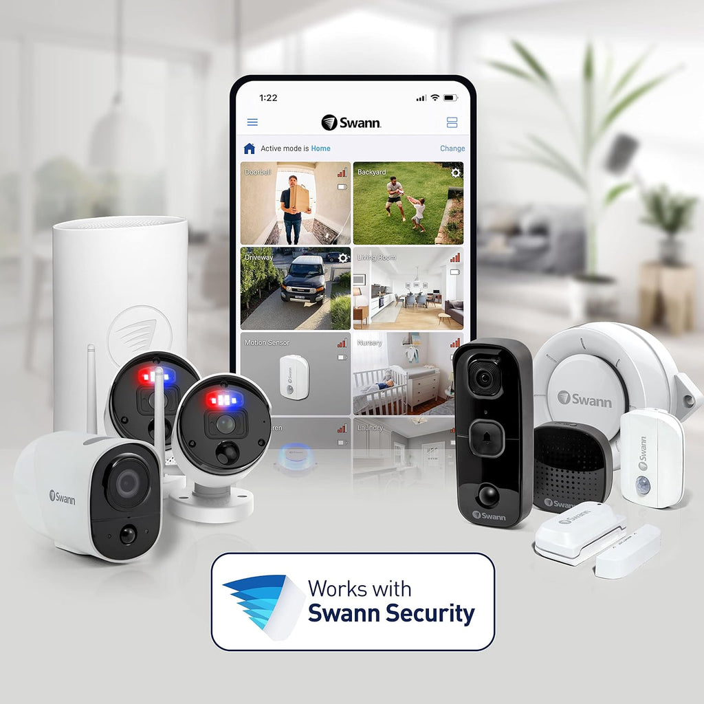 Swann Fourtify Security Camera System with 64GB Micro SD Card,1080p Wireless Surveillance Cameras Outdoor Indoor, 1+3 Cam No Hub Required, Night Vision, Siren 2-Way Audio Heat and Motion Detection