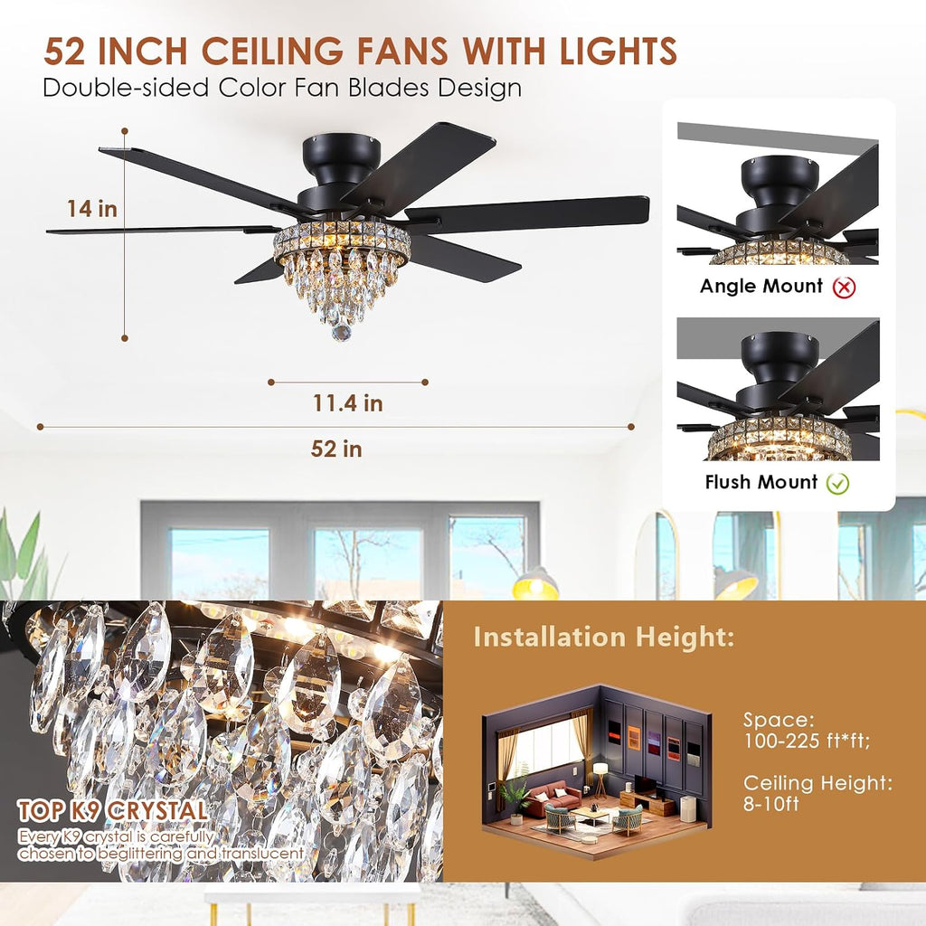 Asyko Chandelier Ceiling Fan -52' Crystal Ceiling Fan- Fandelier Fan Light Black with Remote, Silent Reversible Motor, Dual-Sided 6 Blades, 3 Speed, Timer, Indoor Fan Ceiling