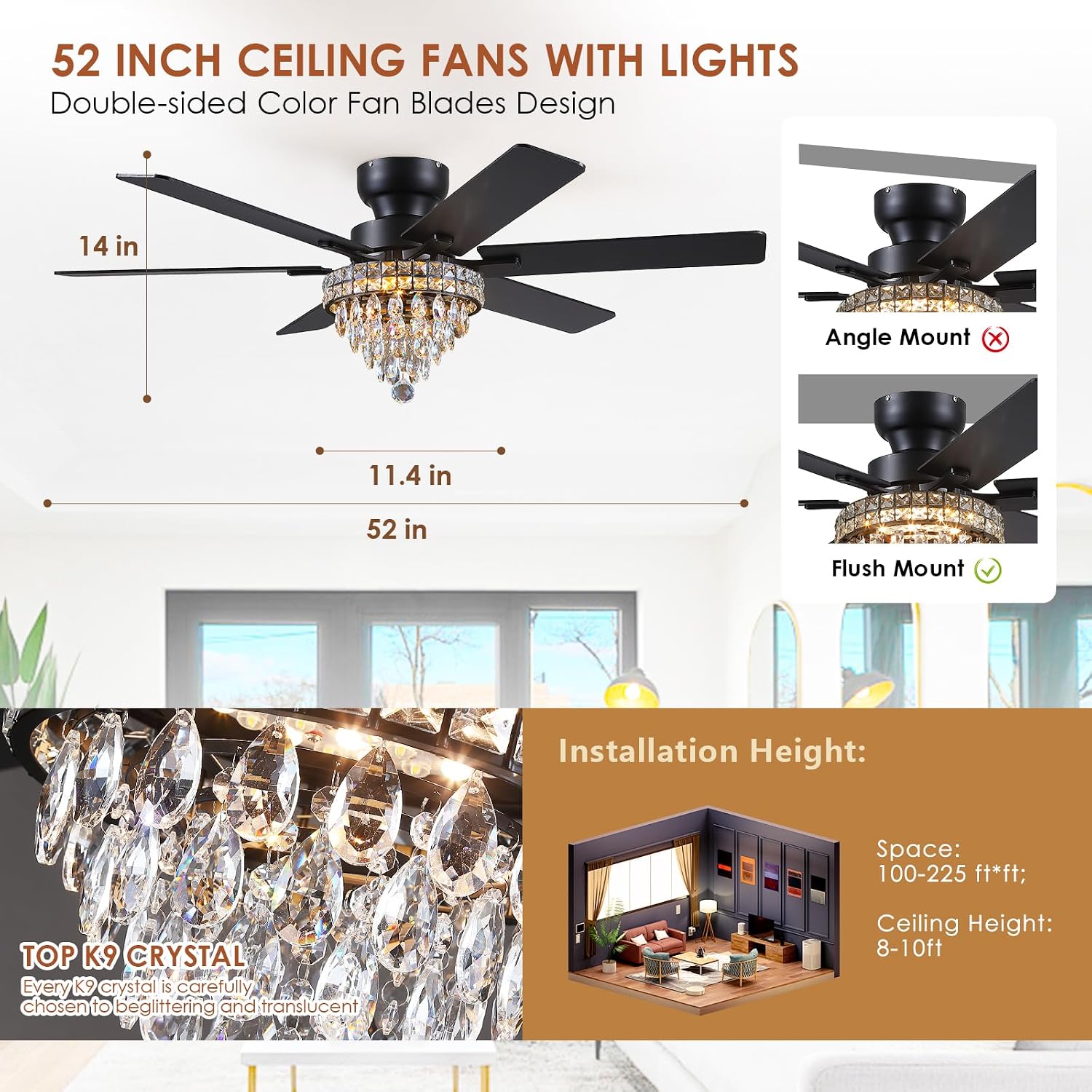Asyko Chandelier Ceiling Fan -52' Crystal Ceiling Fan- Fandelier Fan Light Black with Remote, Silent Reversible Motor, Dual-Sided 6 Blades, 3 Speed, Timer, Indoor Fan Ceiling