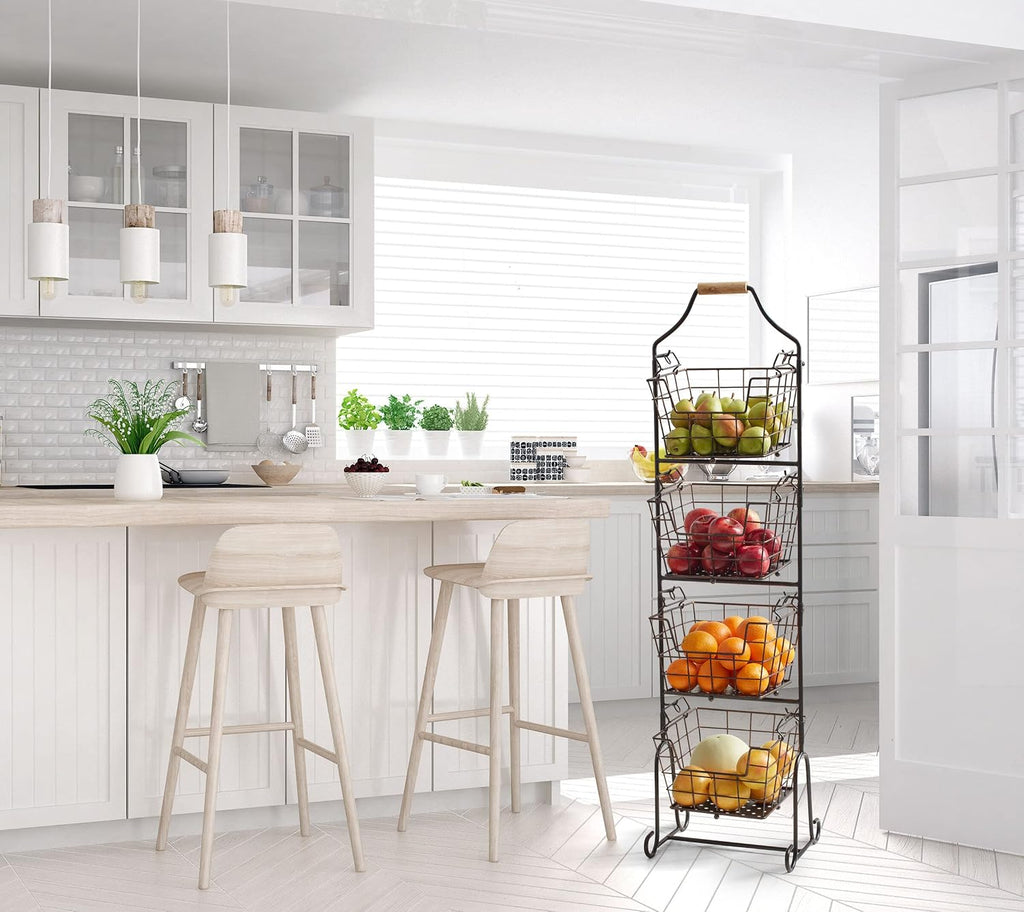 Mikasa Gourmet Basics Ferme 4-Tier Market Basket - Antique Black Wire and Acacia Wood Handle, Kitchen Fruit Vegetable Storage Organizer, 13.5 x 11.5 x 51 Inches
