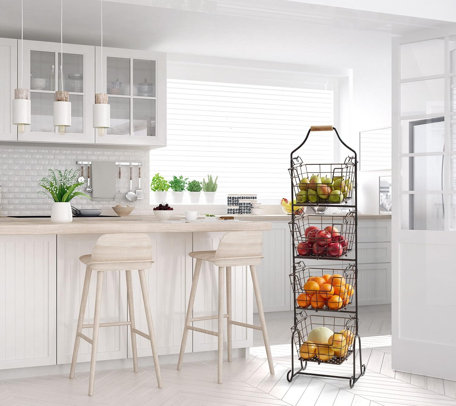 Mikasa Gourmet Basics Ferme 4-Tier Market Basket - Antique Black Wire and Acacia Wood Handle, Kitchen Fruit Vegetable Storage Organizer, 13.5 x 11.5 x 51 Inches