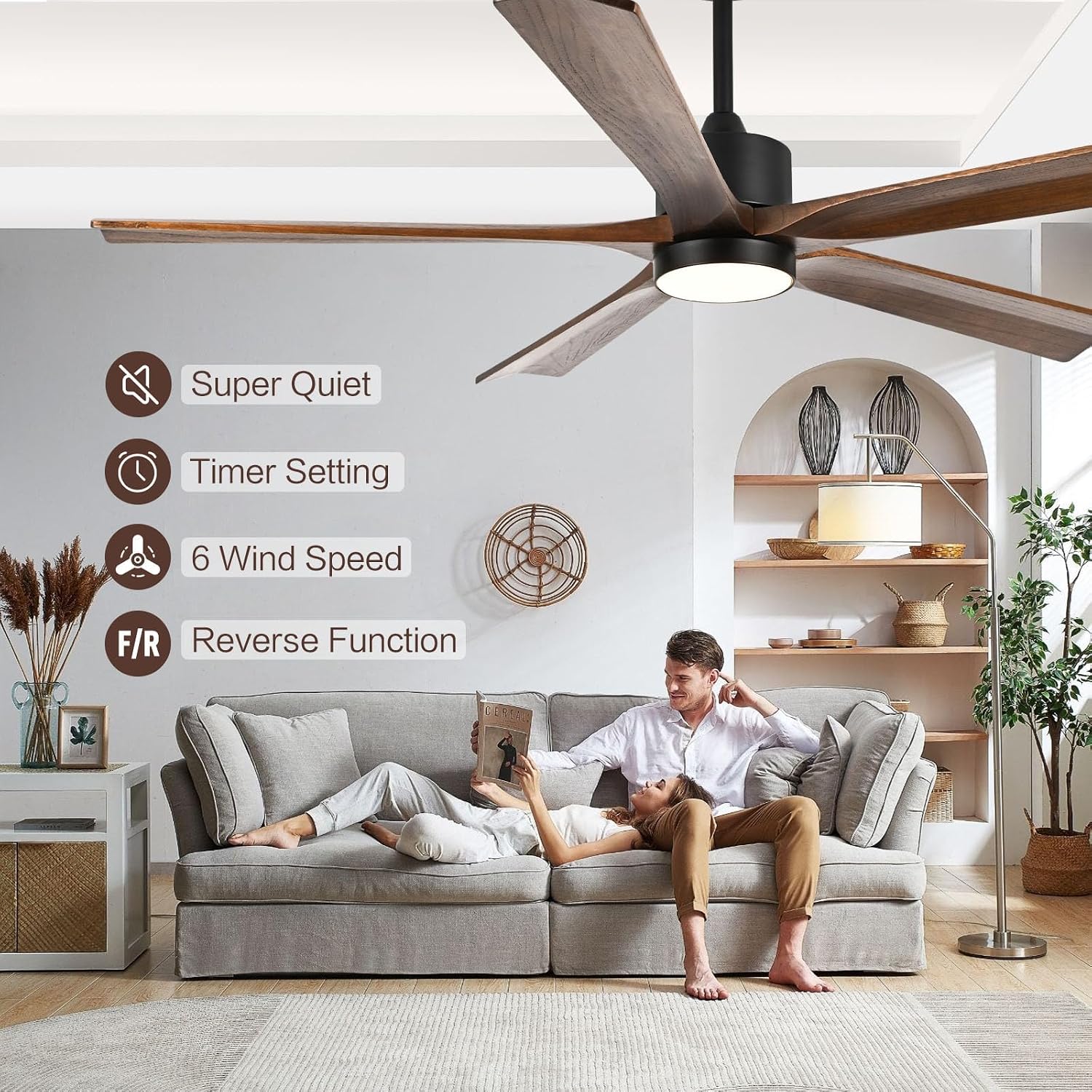 heimo 60 Inch Ceiling Fans with Lights and Remote T2, Wood Indoor Outdoor Ceiling Fan with Light for Patios Living Room Bedroom 5 Blades Large Mid Century Modern Waterproof Outside Fan (Walnut)