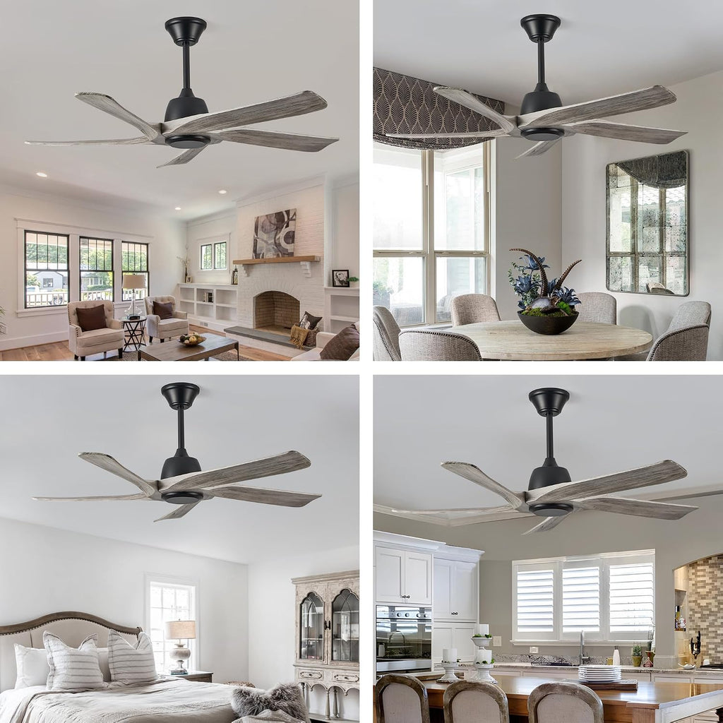 52' DC Ceiling Fan without Light, 5 Solid Wood Fan Blades, Remote and APP Control, 6-speed Reversible, Noiseless Ceiling Fan No Lights for Bedroom, Living Room, Office, Greywood