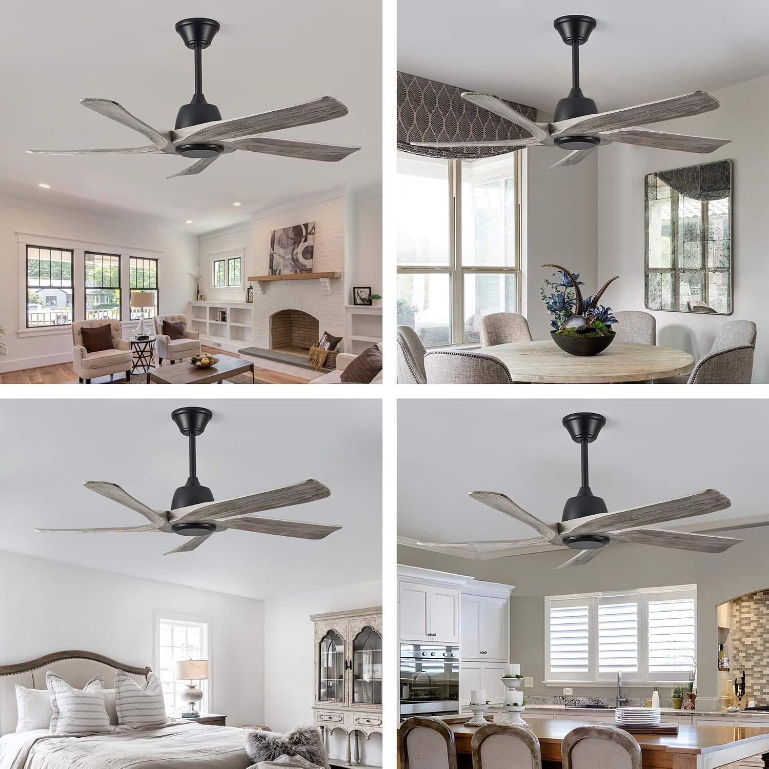 52' DC Ceiling Fan without Light, 5 Solid Wood Fan Blades, Remote and APP Control, 6-speed Reversible, Noiseless Ceiling Fan No Lights for Bedroom, Living Room, Office, Greywood