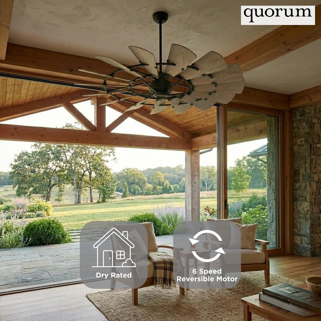 Quorum 195210-69 Windmill 52 Inch Ceiling Fan | 10 Blade Wagon Wheel Design | 6 Speed Reversible DC Motor | Remote Control Included | Damp Rated Fan | Weathered Oak Blades | Textured Black Finish