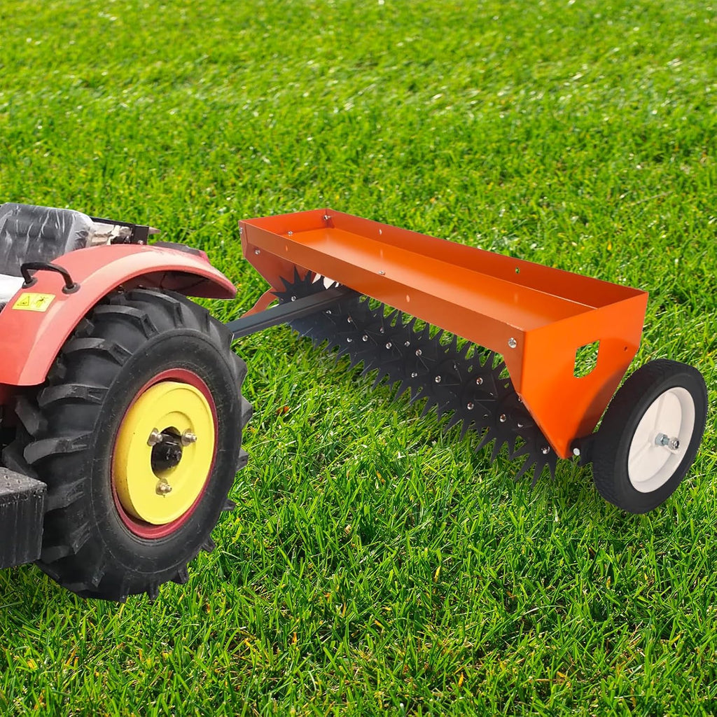 40 Inch Tow Behind Spike Aerator, Heavy Duty Lawn Aerator with Steel Teeth, Weight Tray & Transport Wheels for Garden, Farm Tractor, ATV – Durable Galvanized Steel Tines,Orange