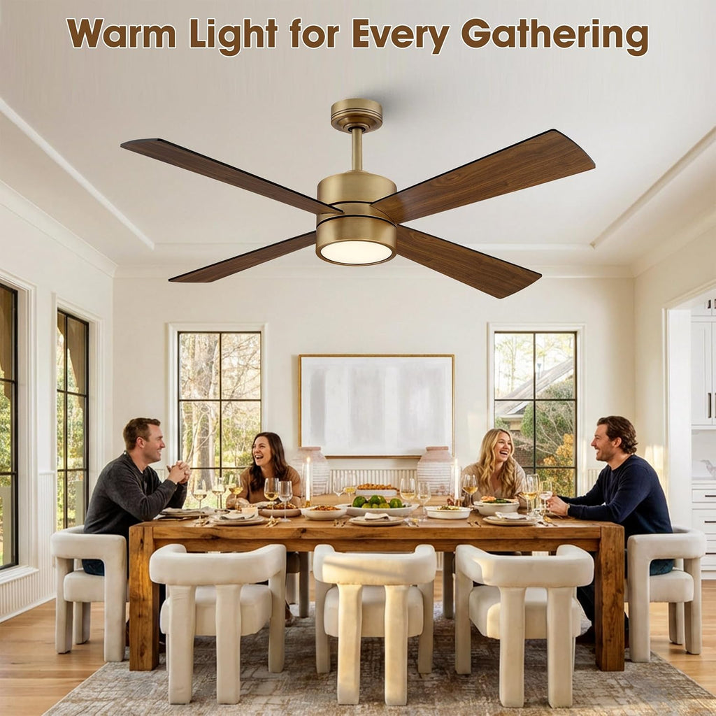 52 Inch Gold Ceiling Fan with Lights and Remote, APP Control, Quiet Reversible DC Motor, Dimmable LED Ceiling Fan, Modern Indoor Ceiling Fan for Bedroom Living Room Dining Room