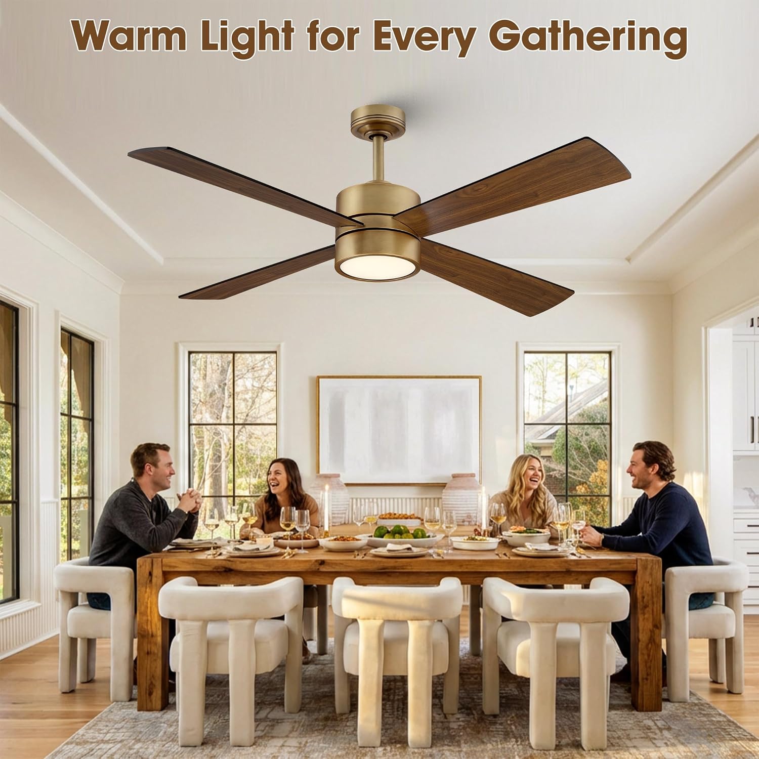 52 Inch Gold Ceiling Fan with Lights and Remote, APP Control, Quiet Reversible DC Motor, Dimmable LED Ceiling Fan, Modern Indoor Ceiling Fan for Bedroom Living Room Dining Room