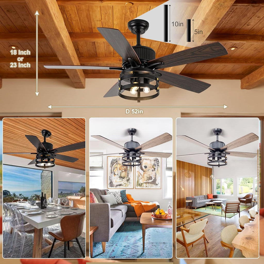 Farmhouse Rustic Ceiling Fans With Lights and Remote, Outdoor Ceiling Fan For Patios With Light, 52 In Flush Mount Ceiling Fan 5 Blade Dual Finish, Reversible DC Quiet Motor for indoor/outdoor