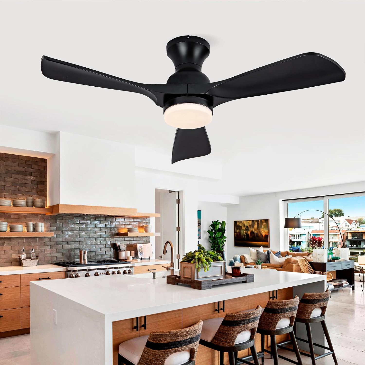 42 Inch Black Ceiling Fan with Lights Flush Mount Ceiling Fan with Remote Control, ABS Blades Outdoor Ceiling Fans for Bedroom,Farmhouse,Patio,Indoor, Quiet DC Motor