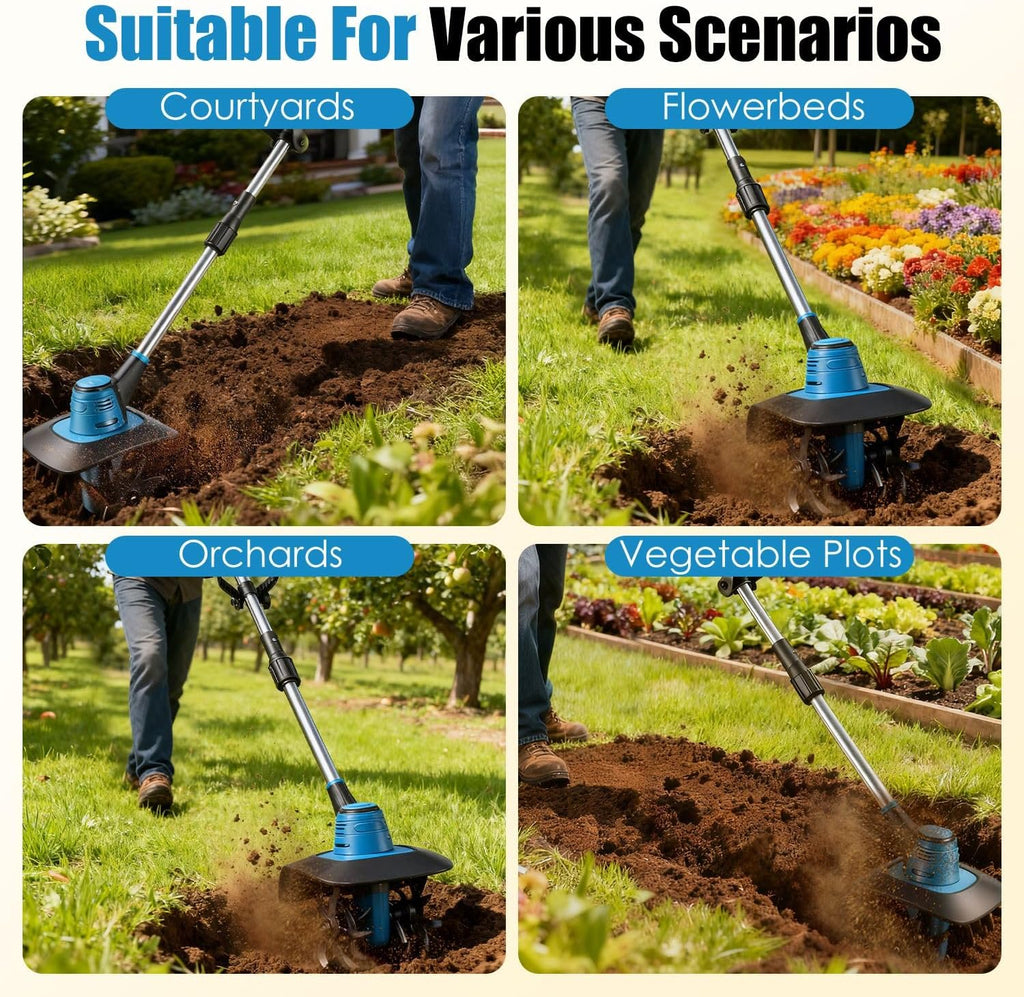 800W 21V Cordless Tiller Cultivator 3.0Ah Battery Powered Electric Garden Tiller Portable Rotary Tiller with 8.66' Width 6.69' Depth Manganese Steel Tines for Soil Cultivation Weeding Gardening