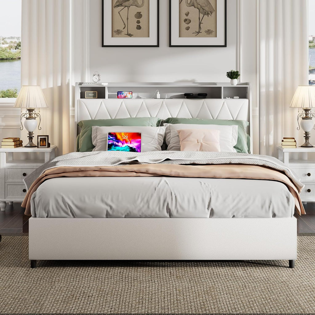 Christopher Knight Home Manley Faux Leather Full Size Bed Frame with Ergonomic Headboard,Platform Bed Frame with Outlets&Charger,Metal&Wood Frame,Storage Shelf, Noise-Free,No Box Spring Needed, White