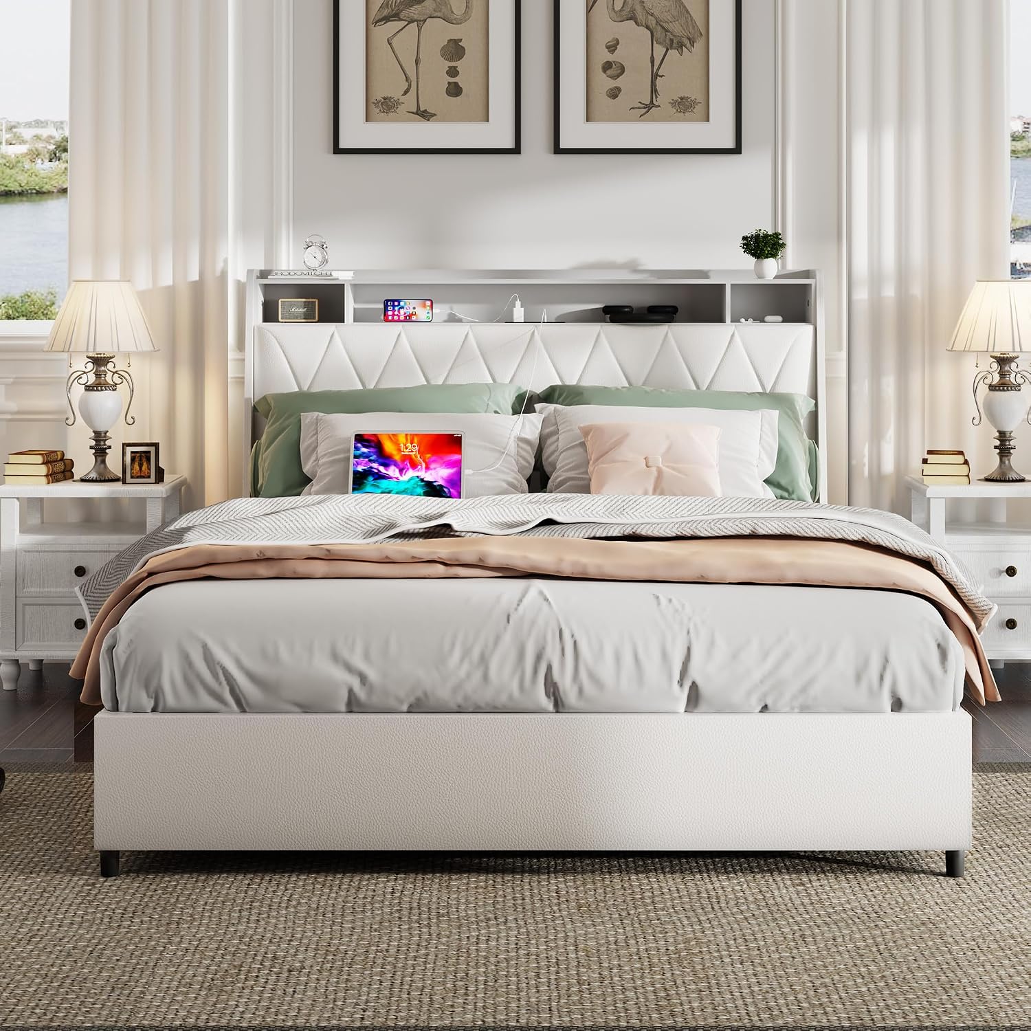 Christopher Knight Home Manley Faux Leather Full Size Bed Frame with Ergonomic Headboard,Platform Bed Frame with Outlets&Charger,Metal&Wood Frame,Storage Shelf, Noise-Free,No Box Spring Needed, White