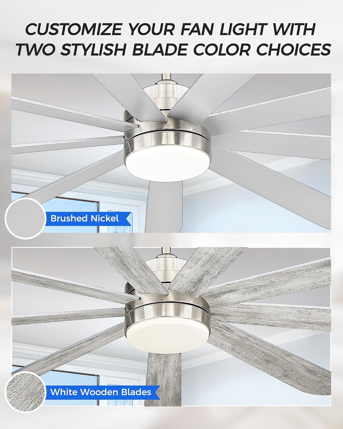 72 inch Large Ceiling Fans with Lights, Modern Ceiling Fan with Voice Control for Kitchen Living Room, 9 Blades Dual Nickel & White Walnut Ceiling Fan with Remote, CF03-BN