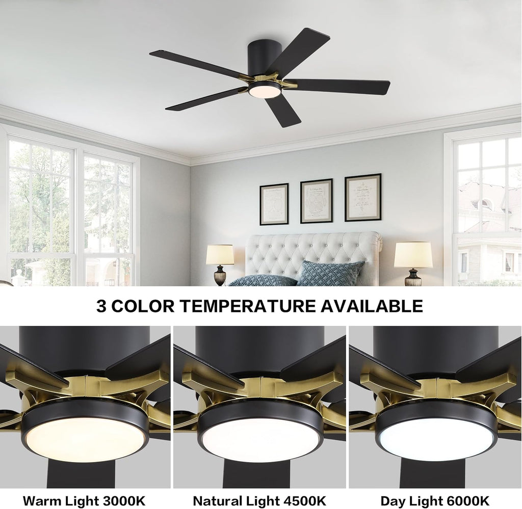 WINGBO 48' DC Flush Mount Ceiling Fan with Lights, 5 Plywood Blades, 6-Speed Reversible DC Motor, 3CCT, Low Profile Hugger Ceiling Fan for Living Room Bedroom Kitchen, Black and Brass