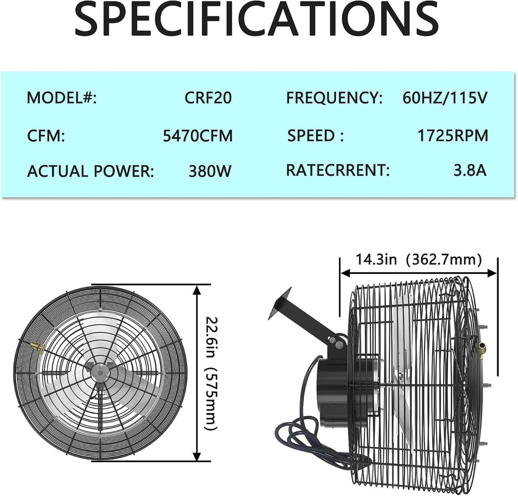 Greenhouse Air Circulation Fan with Mist and Water Pipe 1/3 HP 115V Ceiling Wall Mount Fan High Speed Circulation for Greenhouse, Warehouse, Patio, Garage 5470CFM, 18000BTU, ETL Listed