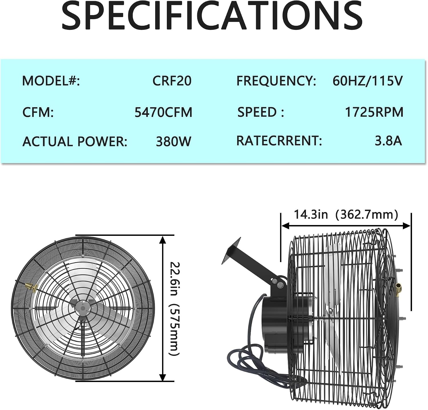 Greenhouse Air Circulation Fan with Mist and Water Pipe 1/3 HP 115V Ceiling Wall Mount Fan High Speed Circulation for Greenhouse, Warehouse, Patio, Garage 5470CFM, 18000BTU, ETL Listed