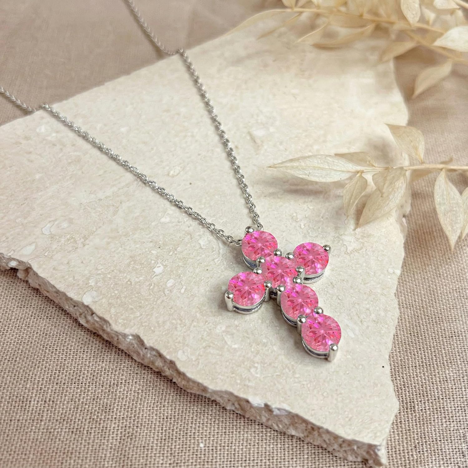 GOODSTONE JEWELS 925 Sterling Silver Cross Pendant Necklace for Women | Size 16+2 Inch Cable Chain with Lobster Clasp | Natural Birthstone Jewelry Gift for Her