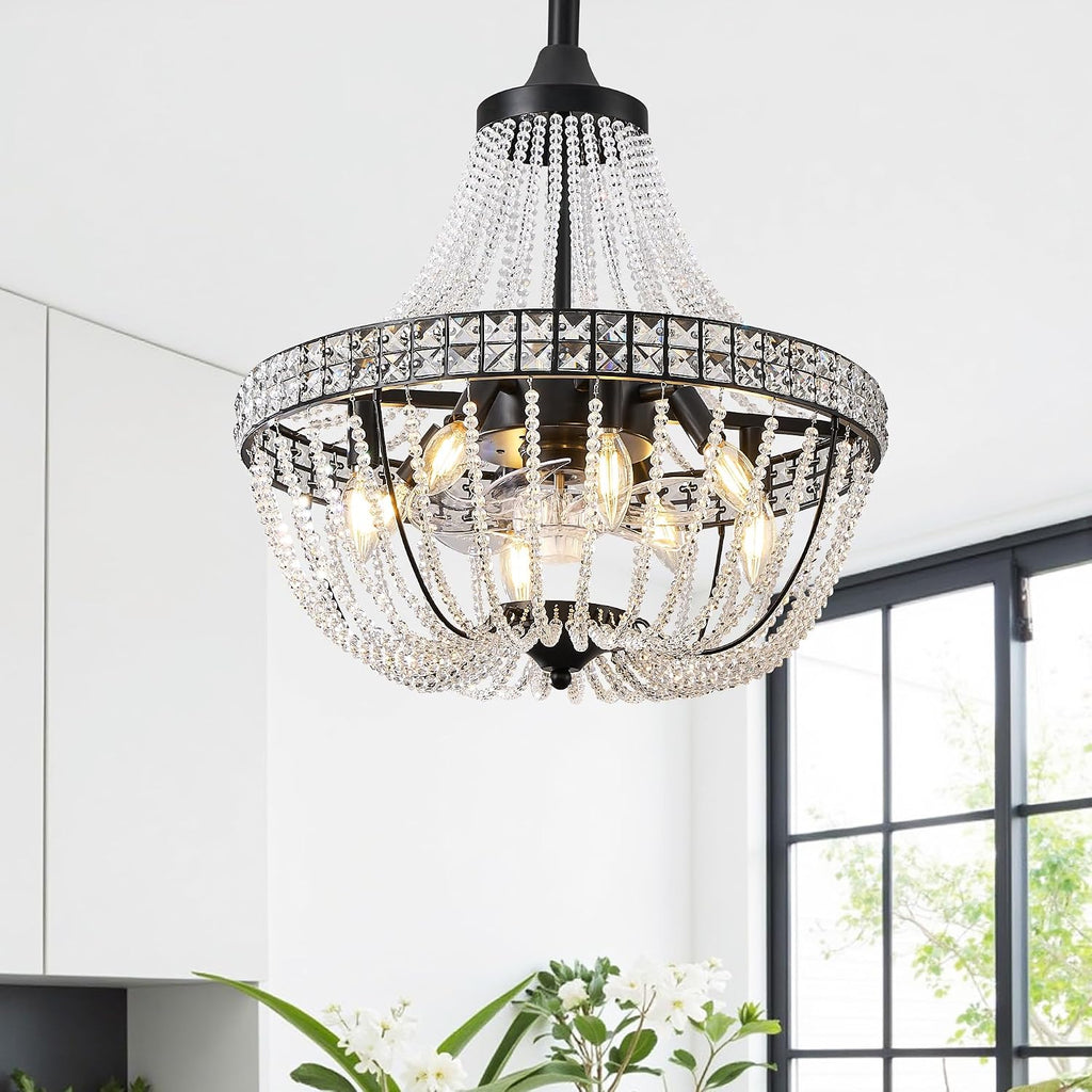 20 inch Crystal Chandelier with Ceiling Fan, Remote & App Control, Reversible DC Motor, French Empire Fandelier for Dining Room, Bedroom, Kitchen