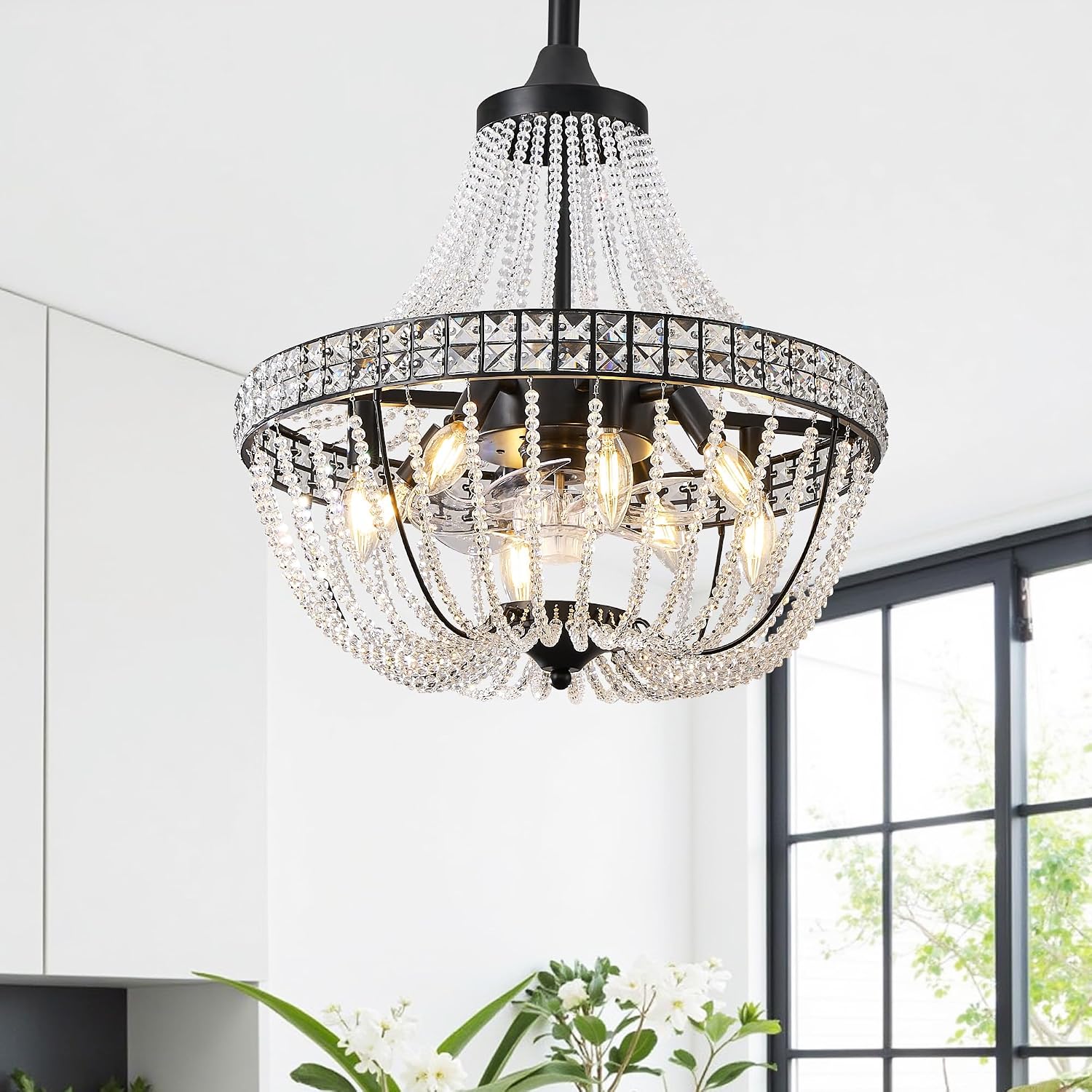 20 inch Crystal Chandelier with Ceiling Fan, Remote & App Control, Reversible DC Motor, French Empire Fandelier for Dining Room, Bedroom, Kitchen