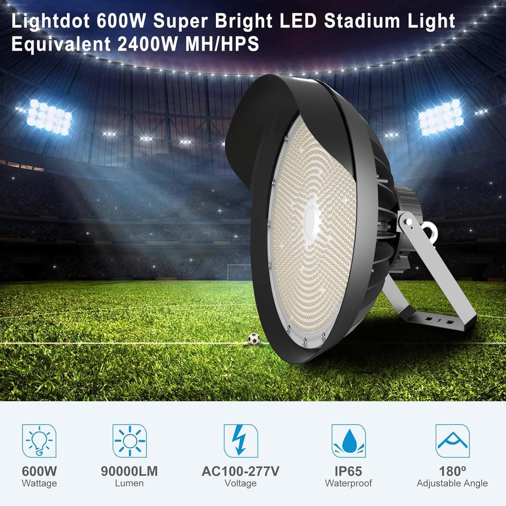 Lightdot 600W LED Stadium Lights with Reflector (Reduce Light Loss, Can Be Removed) 100-277V 90000Lm Commercial LED Sport Lights