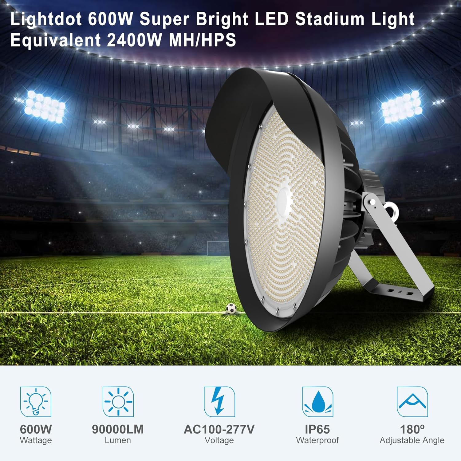 Lightdot 600W LED Stadium Lights with Reflector (Reduce Light Loss, Can Be Removed) 100-277V 90000Lm Commercial LED Sport Lights