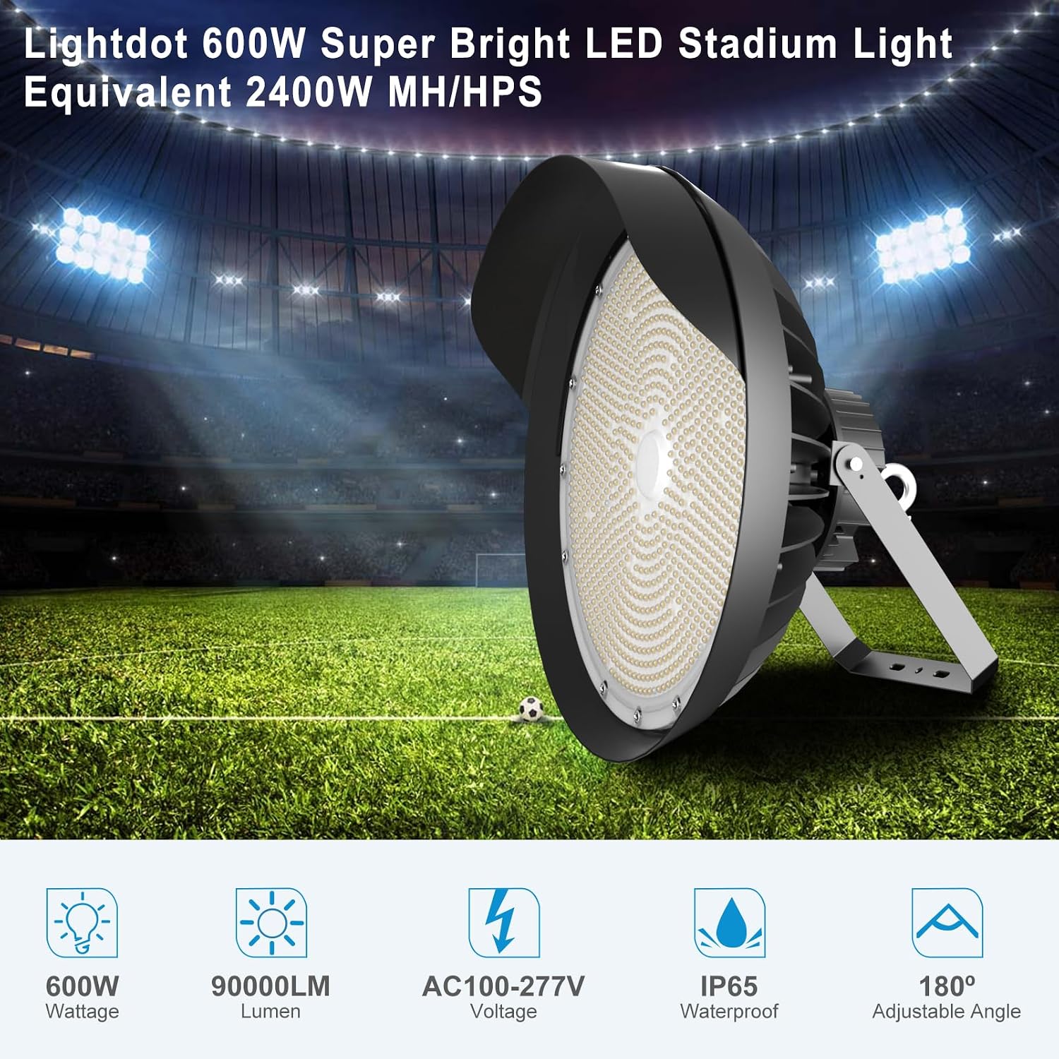 Lightdot Led Stadium Light Outdoor 600W Flood Lighting 90000lm Super Bright Commercial Area IP65 Waterproof High Mast Lighting for Sport Fields and Courts-2Pack