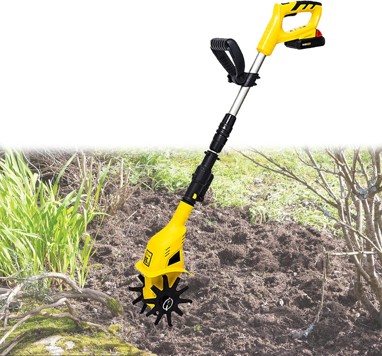 20V Cordless Tiller Cultivator, 250RPM Electric Garden Tiller, with 2.0Ah Batteries & Charger, Garden Rototiller for Lawn/Gardening/Soil Cultivation, 4In Tilling Width