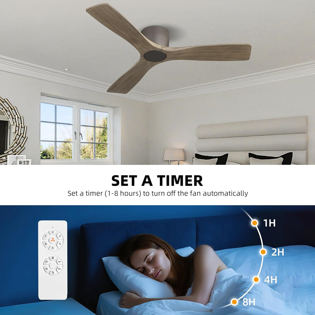 WINGBO 48 Inch Flush Mount DC Ceiling Fan without Lights, 3 Carved Wood Blades, 6-Speed Noiseless Reversible DC Motor, Hugger Ceiling Fan No Lights in Graphite Finish with Gray Blades, ETL Listed