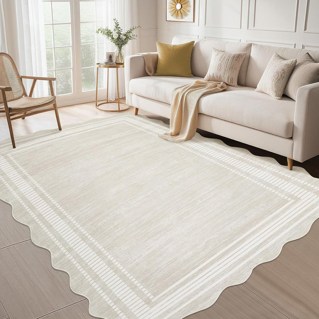 GarveeHome Scalloped Washable 8x10 Area Rugs for Living Room, Modern Bordered Solid Rug for Bedroom, Scalloped Non-Slip Stain Resistant Rug for Dining Room Farmhouse Dorm, Cream