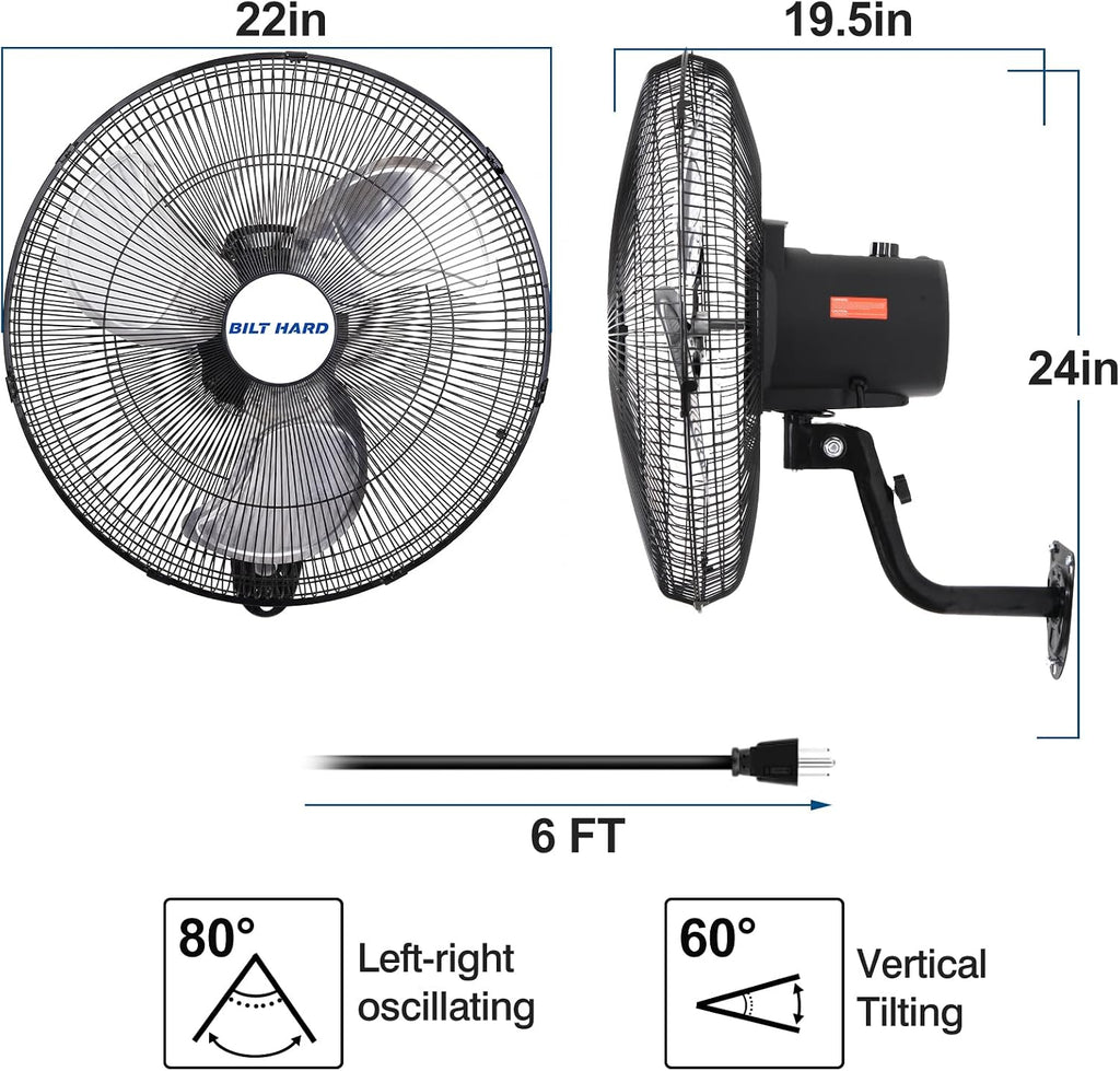 BILT HARD 20' 5200 CFM Wall Mounted Fan with Remote Control, 9-Speed Oscillating Wall Fan with DC Motor, High Velocity Whisper-Quiet Industrial Shop Fan for Garage, Warehouse