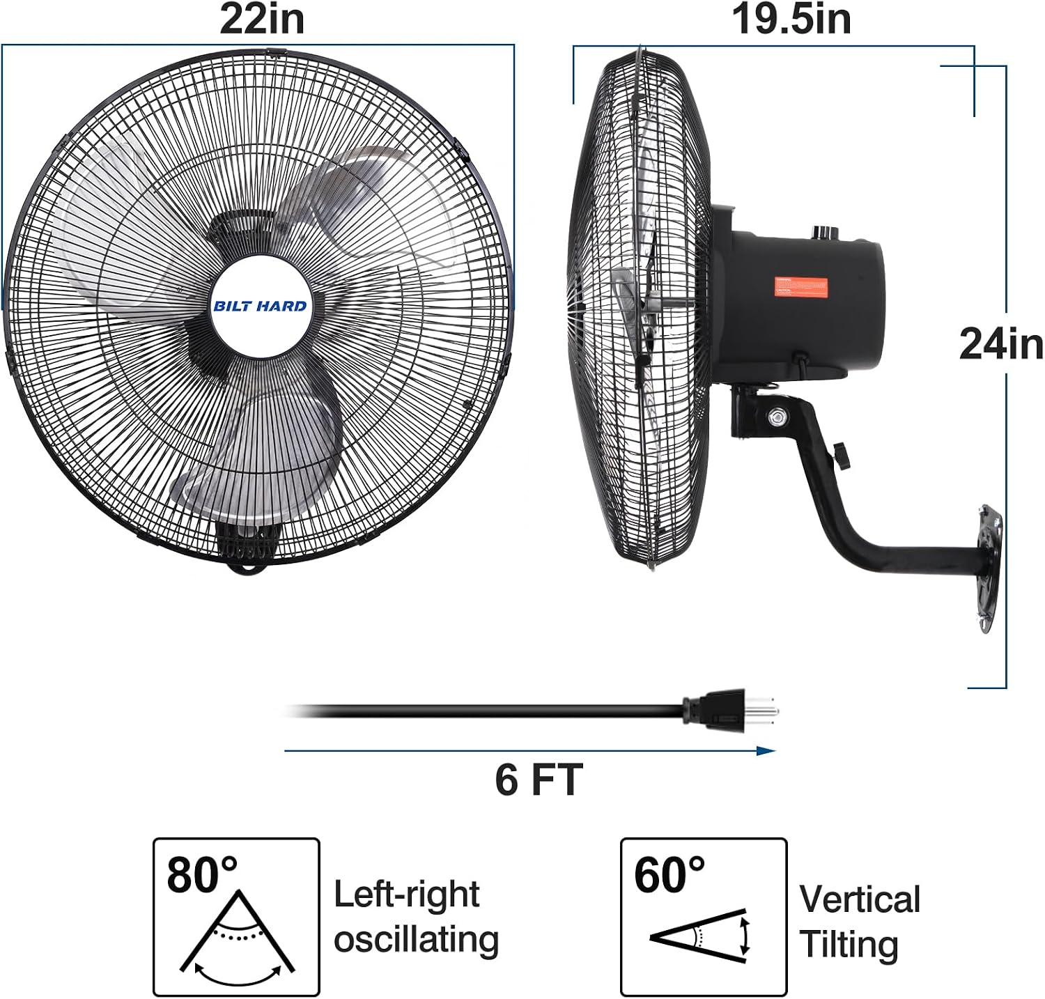 BILT HARD 20' 5200 CFM Wall Mounted Fan with Remote Control, 9-Speed Oscillating Wall Fan with DC Motor, High Velocity Whisper-Quiet Industrial Shop Fan for Garage, Warehouse