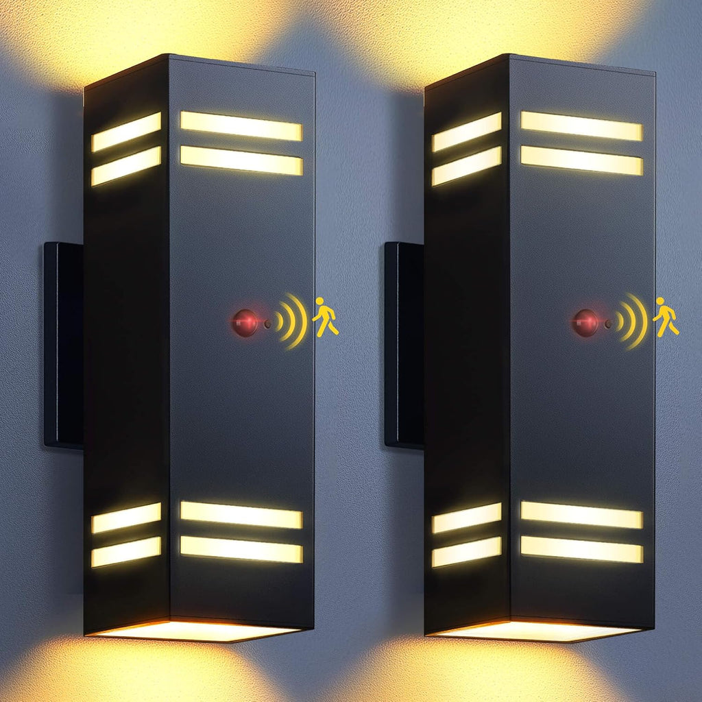 KIZON Motion Sensor Outdoor Lights 2 Pack, Dusk to Dawn Outdoor Wall Lights Black Exterior Lighting Fixtures with E26 Base, Modern Sconce Motion Detector Lights for House Porch